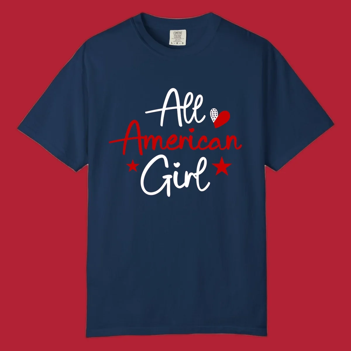 All American Girl heart stars design featuring the phrase in script font with a heart containing stars and two additional stars.
