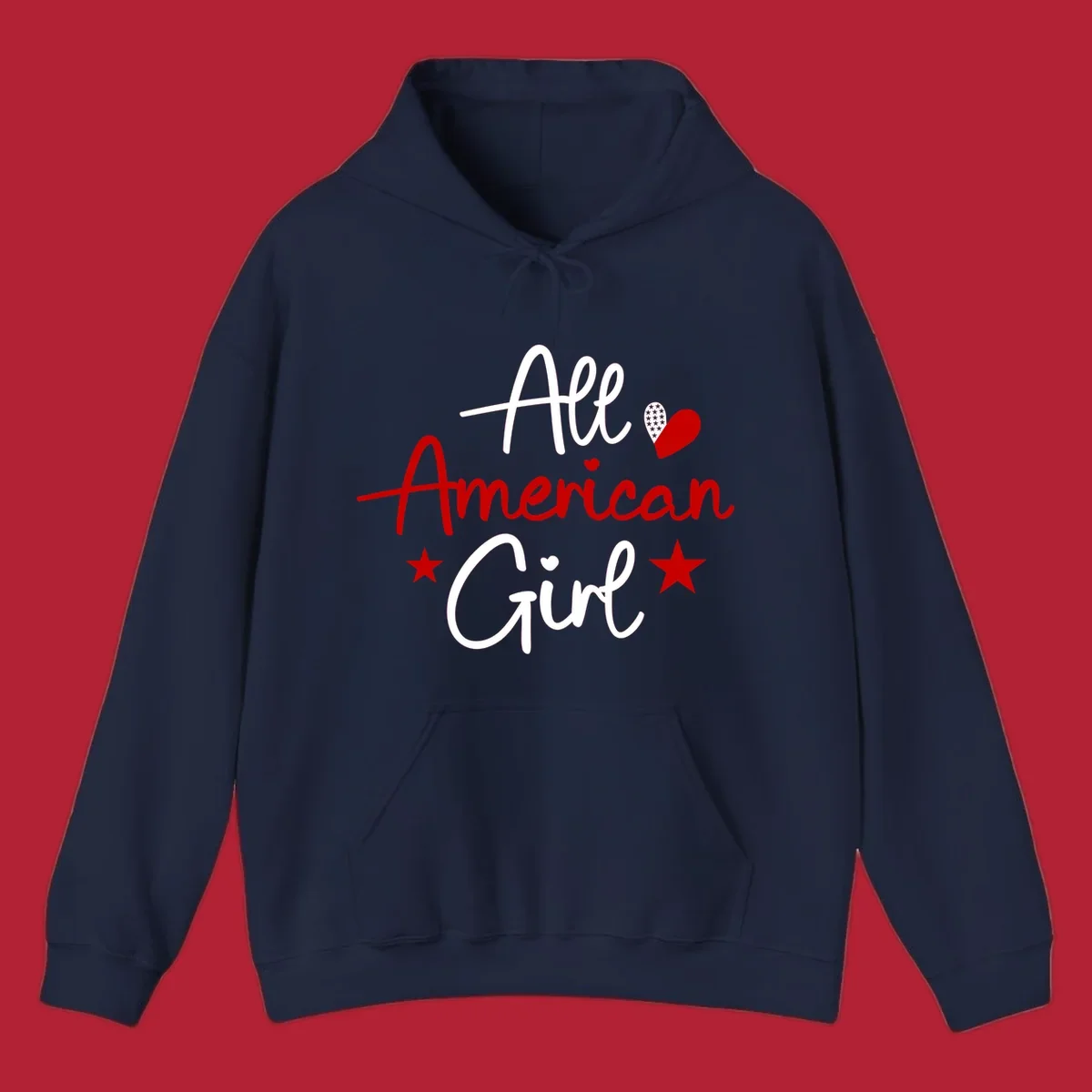 All American Girl heart stars design featuring the phrase in script font with a heart containing stars and two additional stars.