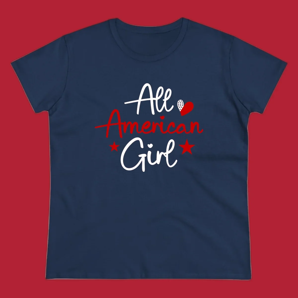 All American Girl heart stars design featuring the phrase in script font with a heart containing stars and two additional stars.