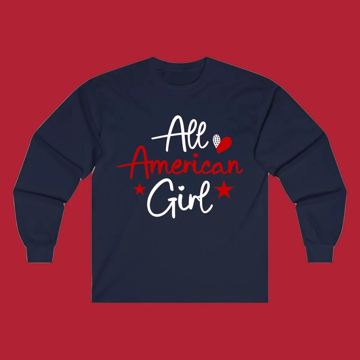 All American Girl heart stars design featuring the phrase in script font with a heart containing stars and two additional stars.