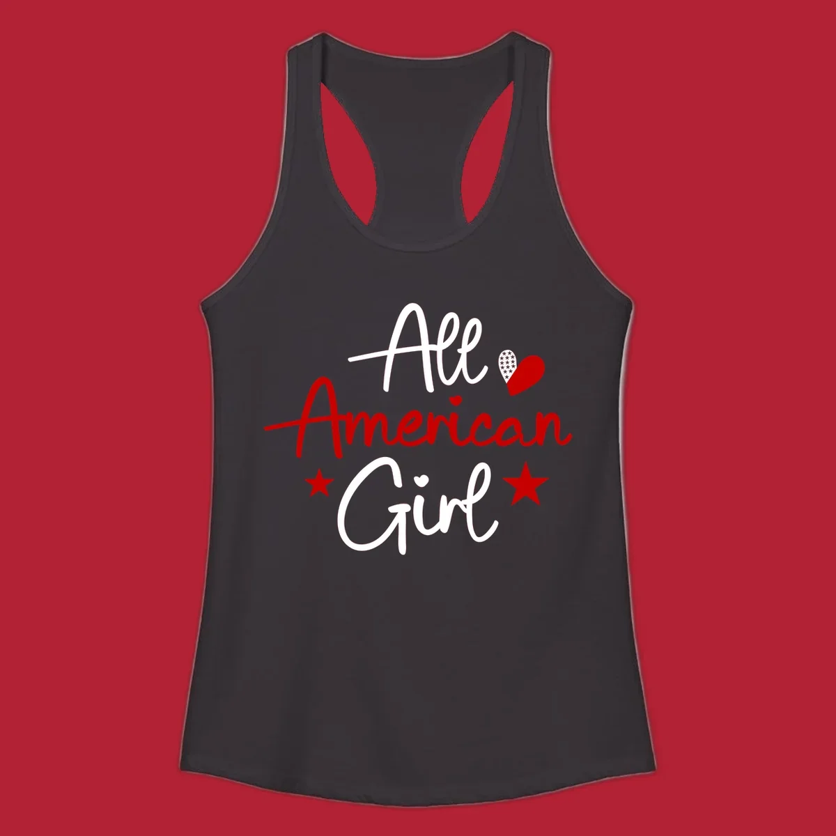 All American Girl heart stars design featuring the phrase in script font with a heart containing stars and two additional stars.