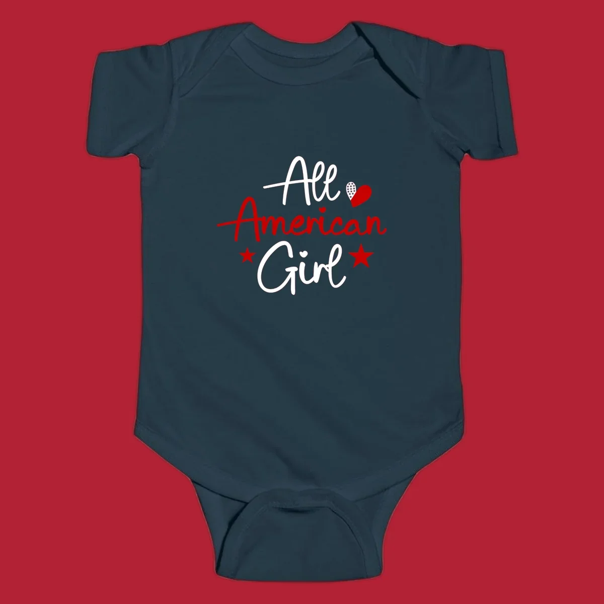 All American Girl heart stars design featuring the phrase in script font with a heart containing stars and two additional stars.