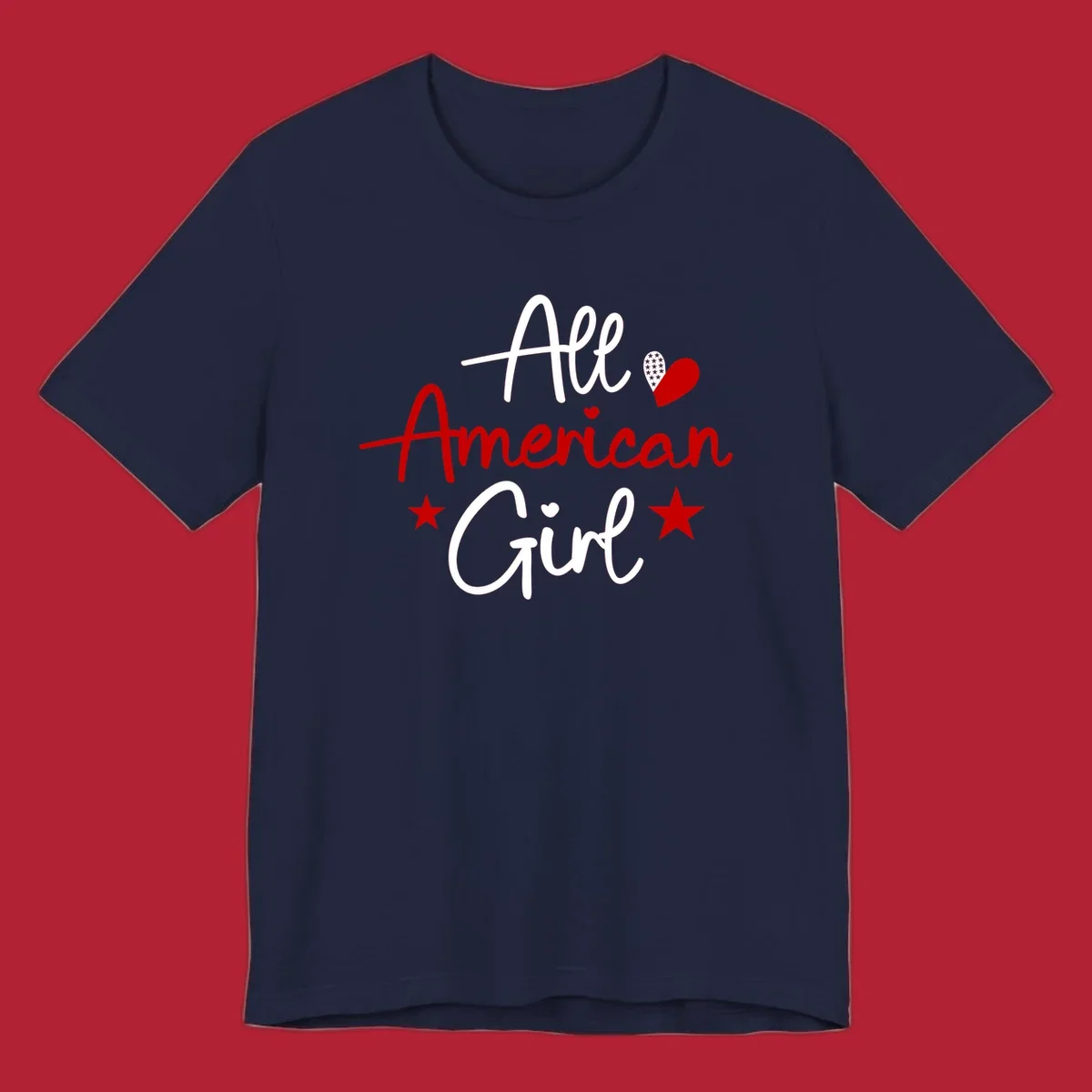 All American Girl heart stars design featuring the phrase in script font with a heart containing stars and two additional stars.