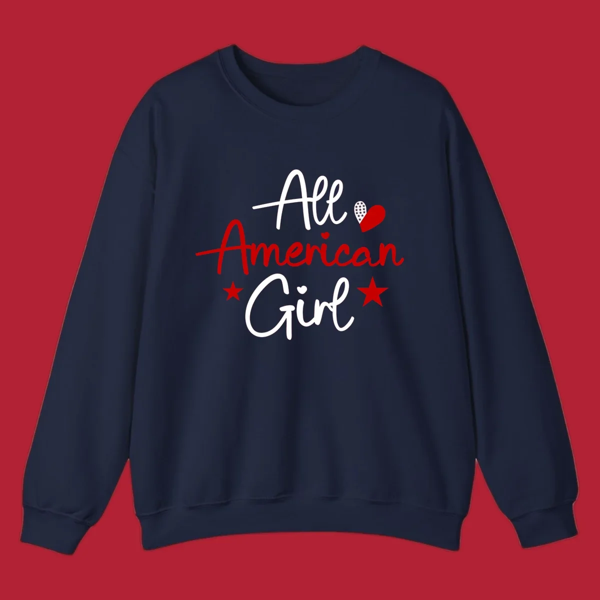 All American Girl heart stars design featuring the phrase in script font with a heart containing stars and two additional stars.