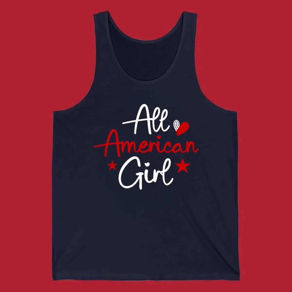 All American Girl heart stars design featuring the phrase in script font with a heart containing stars and two additional stars.