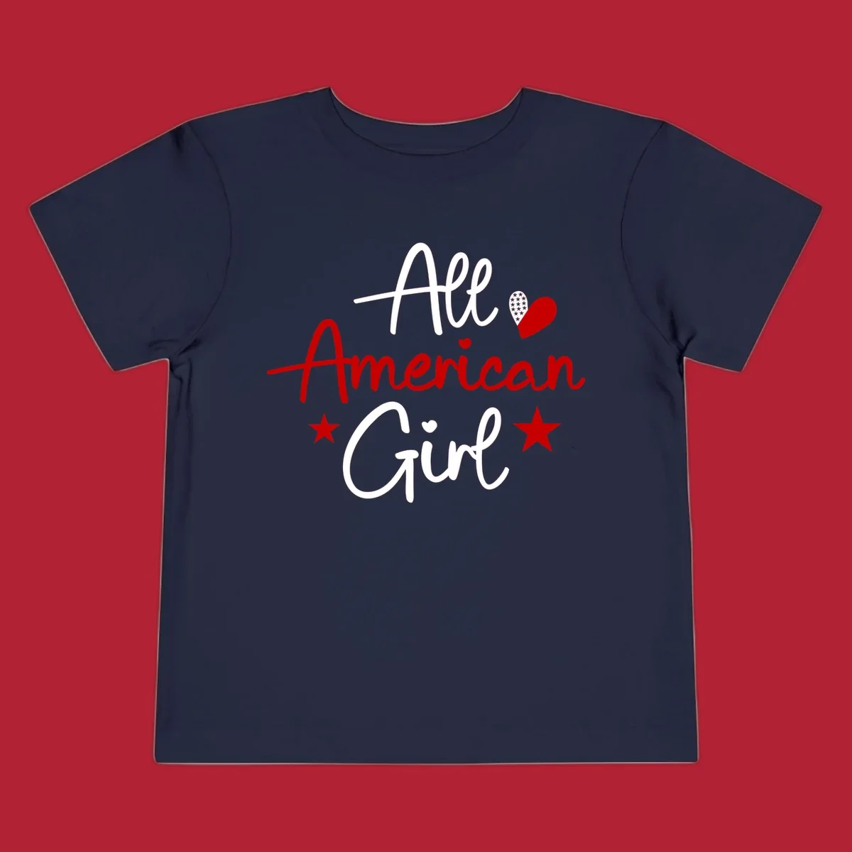 All American Girl heart stars design featuring the phrase in script font with a heart containing stars and two additional stars.