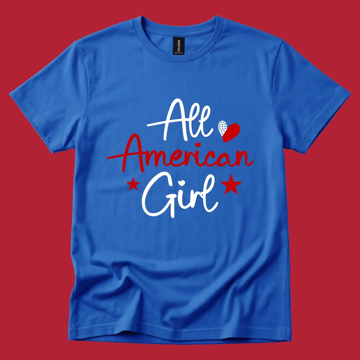 All American Girl heart stars design featuring the phrase in script font with a heart containing stars and two additional stars.