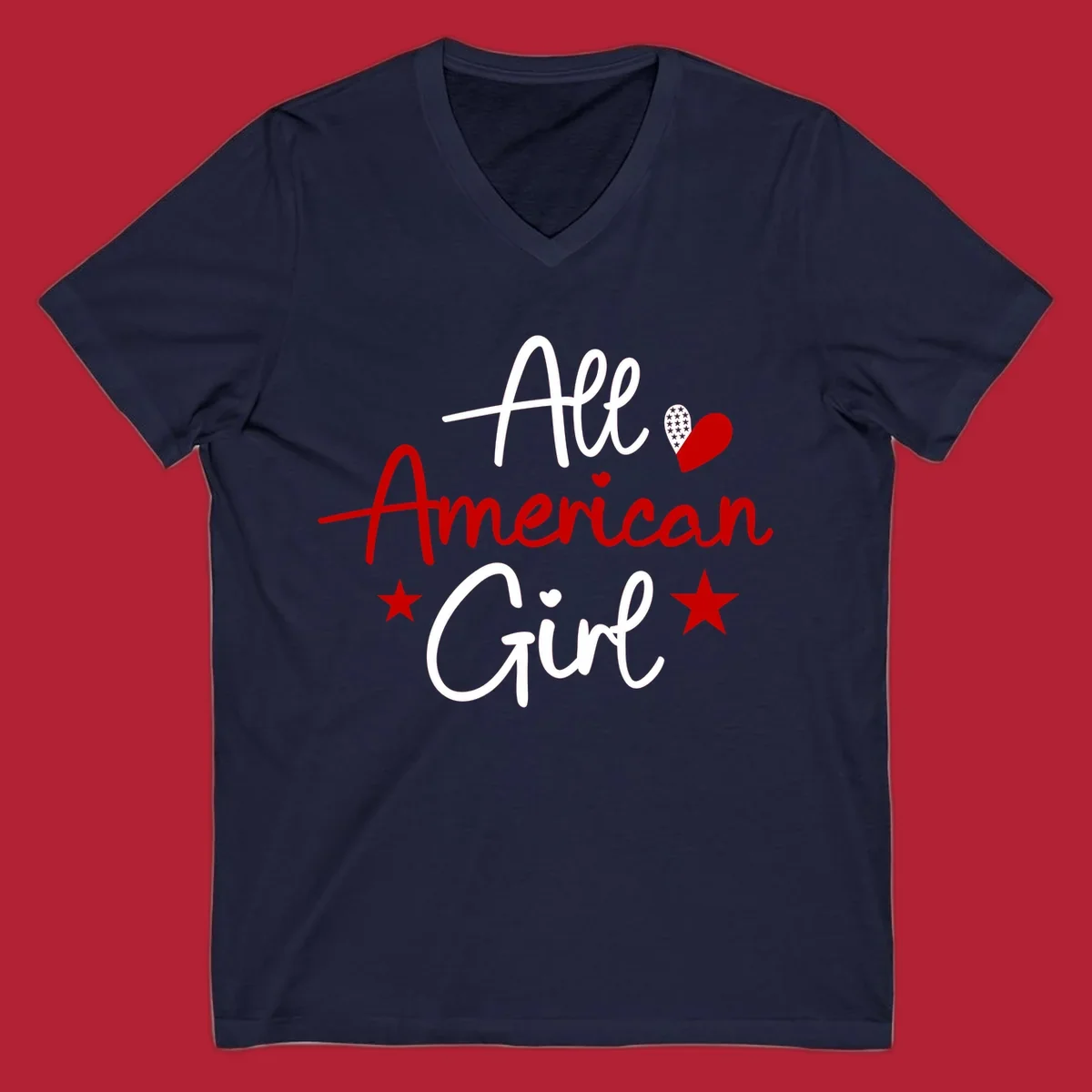 All American Girl heart stars design featuring the phrase in script font with a heart containing stars and two additional stars.