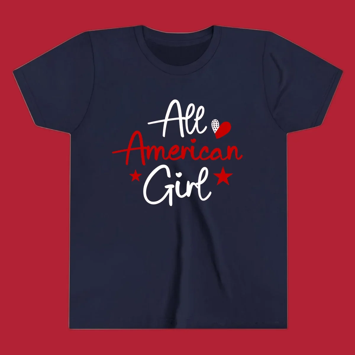 All American Girl heart stars design featuring the phrase in script font with a heart containing stars and two additional stars.