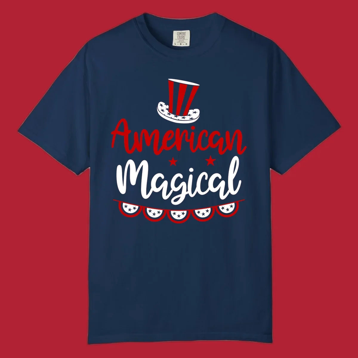 A patriotic design with 'American Magical' text, an Uncle Sam hat, stars, and bunting, representing american-magical-patriotic.