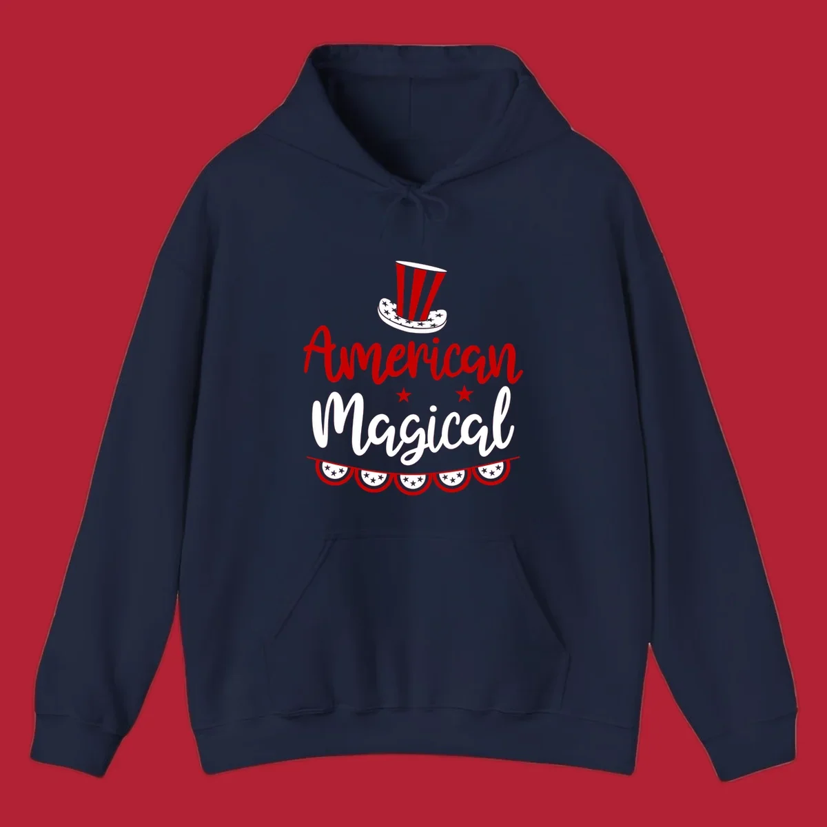 A patriotic design with 'American Magical' text, an Uncle Sam hat, stars, and bunting, representing american-magical-patriotic.