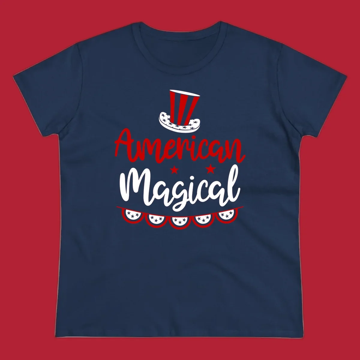 A patriotic design with 'American Magical' text, an Uncle Sam hat, stars, and bunting, representing american-magical-patriotic.