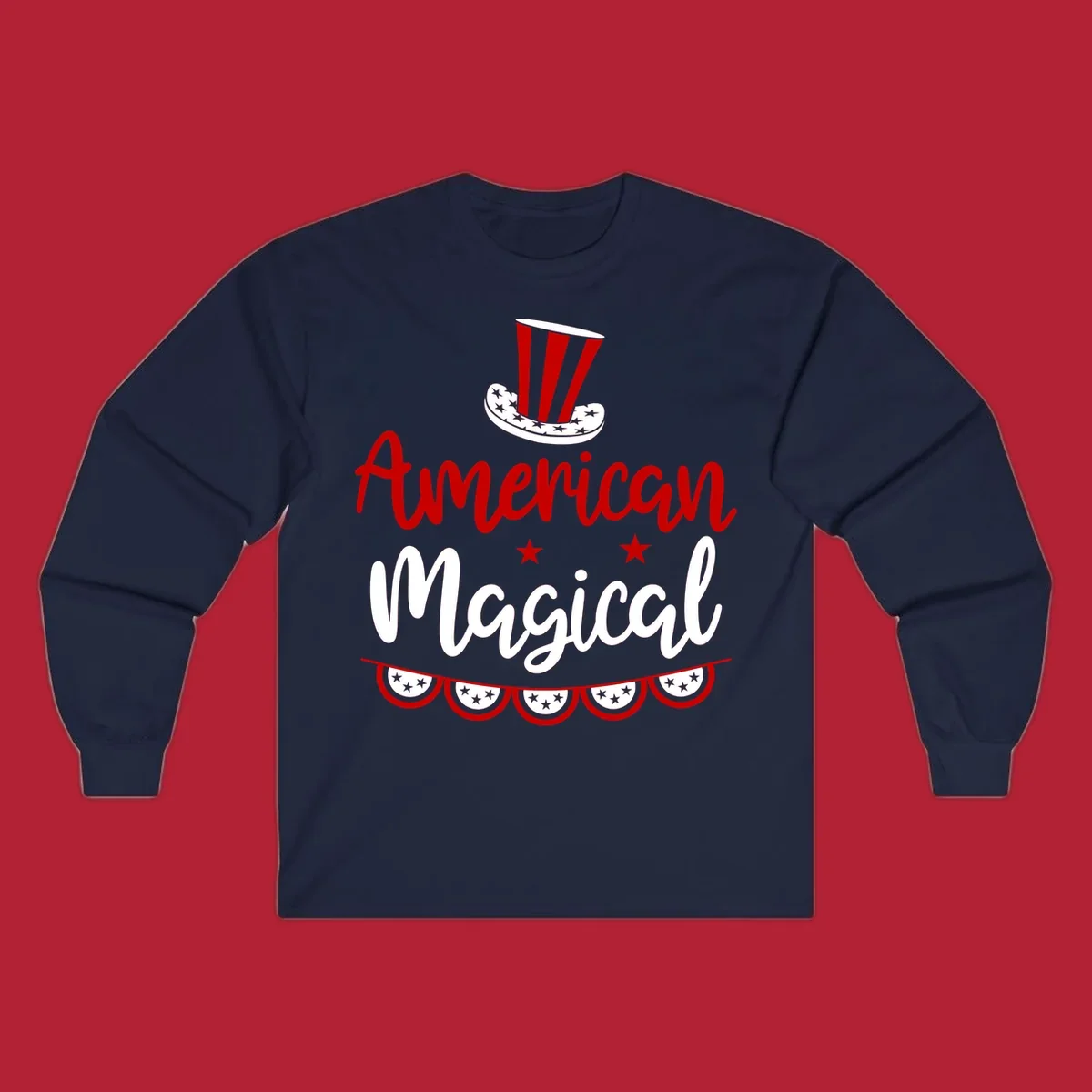 A patriotic design with 'American Magical' text, an Uncle Sam hat, stars, and bunting, representing american-magical-patriotic.