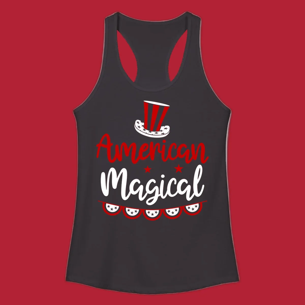 A patriotic design with 'American Magical' text, an Uncle Sam hat, stars, and bunting, representing american-magical-patriotic.