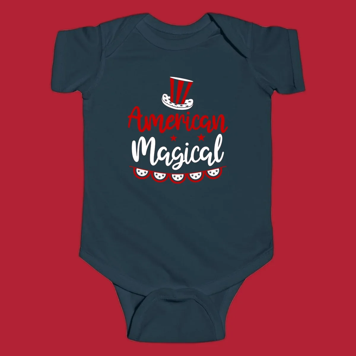 A patriotic design with 'American Magical' text, an Uncle Sam hat, stars, and bunting, representing american-magical-patriotic.