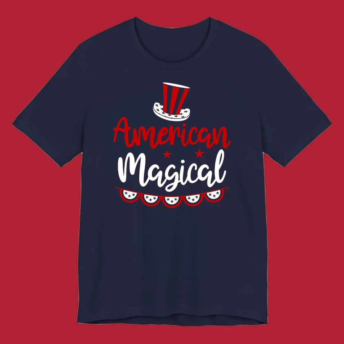 A patriotic design with 'American Magical' text, an Uncle Sam hat, stars, and bunting, representing american-magical-patriotic.