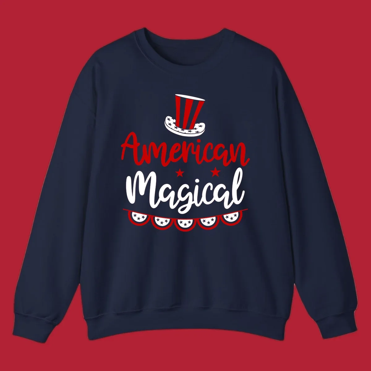 A patriotic design with 'American Magical' text, an Uncle Sam hat, stars, and bunting, representing american-magical-patriotic.