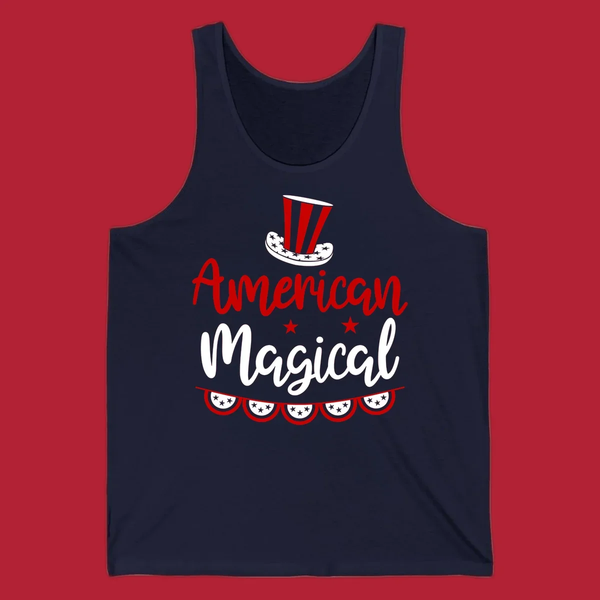 A patriotic design with 'American Magical' text, an Uncle Sam hat, stars, and bunting, representing american-magical-patriotic.