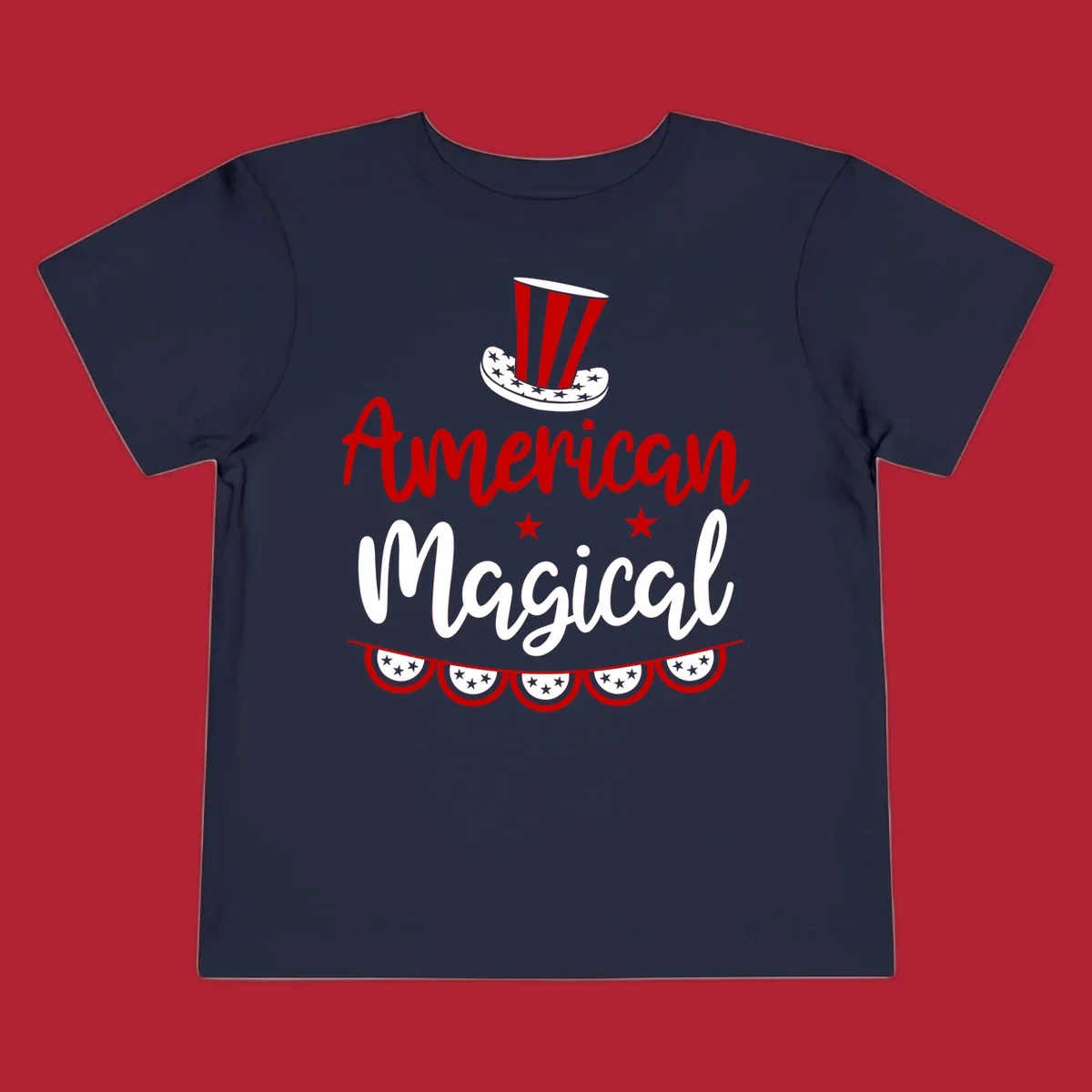 A patriotic design with 'American Magical' text, an Uncle Sam hat, stars, and bunting, representing american-magical-patriotic.