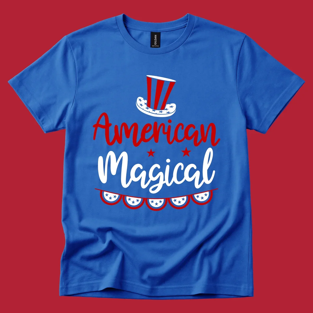 A patriotic design with 'American Magical' text, an Uncle Sam hat, stars, and bunting, representing american-magical-patriotic.