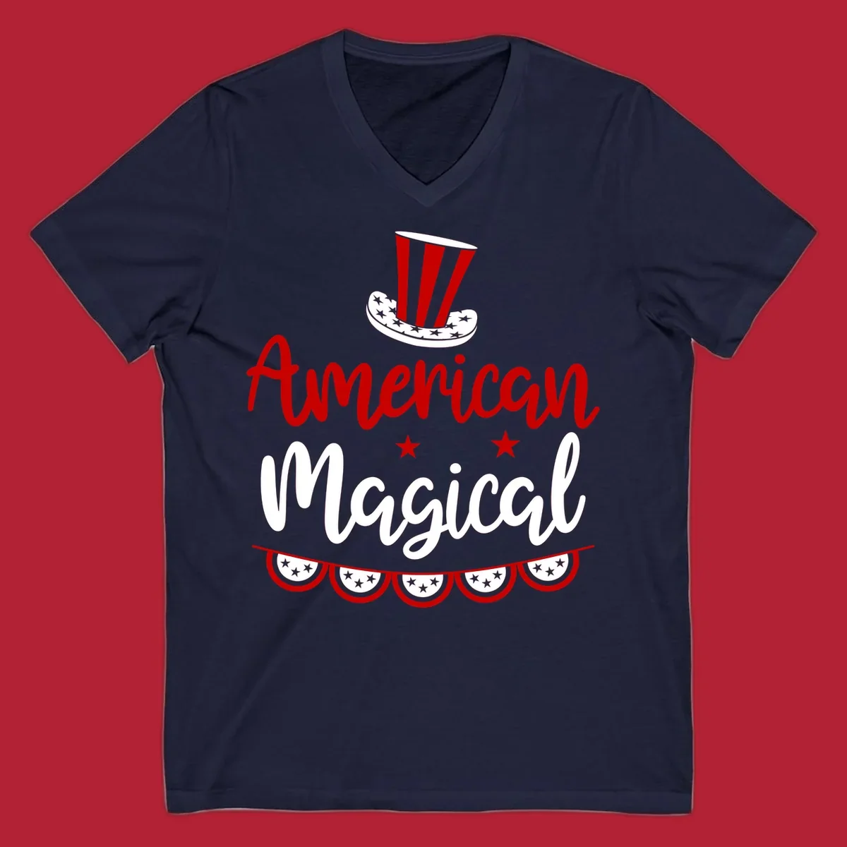 A patriotic design with 'American Magical' text, an Uncle Sam hat, stars, and bunting, representing american-magical-patriotic.