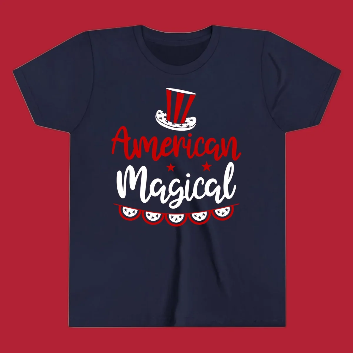 A patriotic design with 'American Magical' text, an Uncle Sam hat, stars, and bunting, representing american-magical-patriotic.