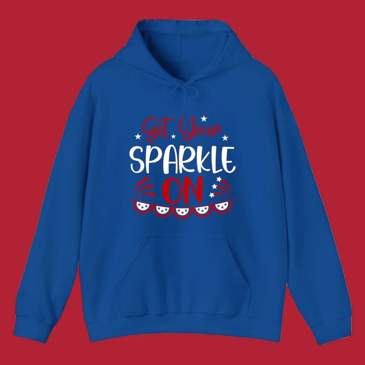 A patriotic design with the phrase 'Get Your SPARKLE ON' in red and blue, surrounded by white stars, fireworks, and bunting flags.