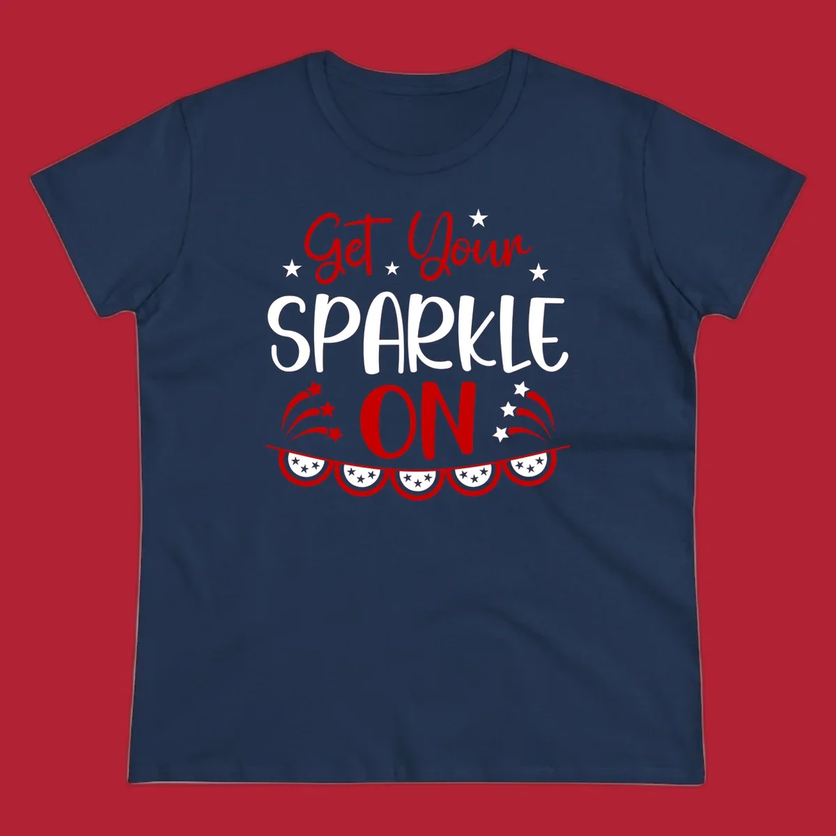 A patriotic design with the phrase 'Get Your SPARKLE ON' in red and blue, surrounded by white stars, fireworks, and bunting flags.