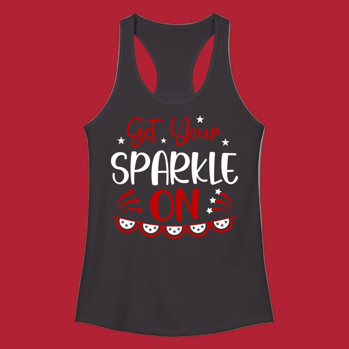 A patriotic design with the phrase 'Get Your SPARKLE ON' in red and blue, surrounded by white stars, fireworks, and bunting flags.