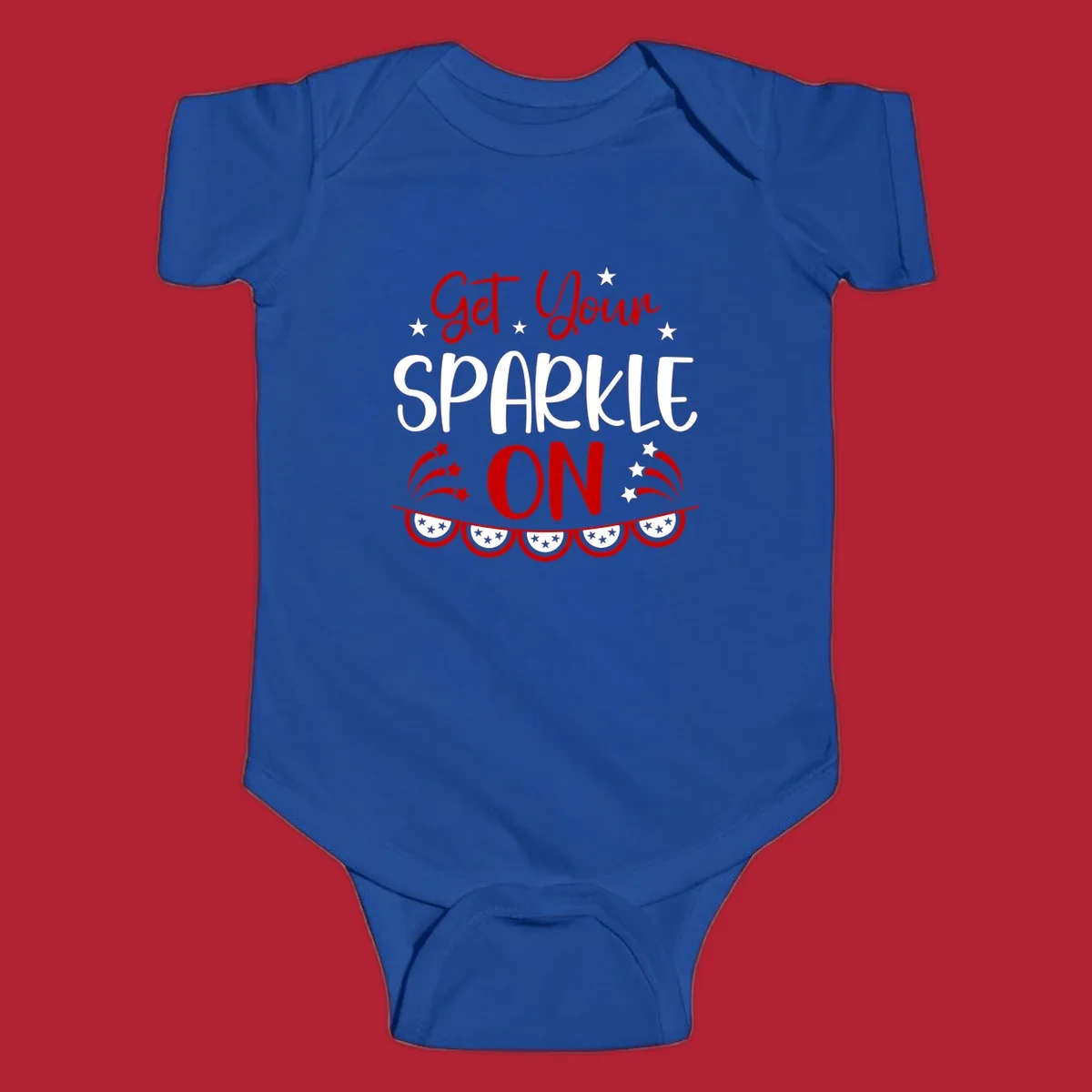 A patriotic design with the phrase 'Get Your SPARKLE ON' in red and blue, surrounded by white stars, fireworks, and bunting flags.