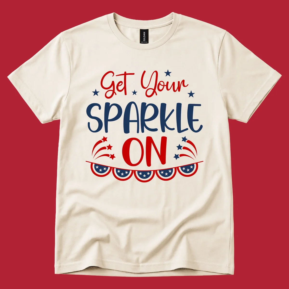 A patriotic design with the phrase 'Get Your SPARKLE ON' in red and blue, surrounded by white stars, fireworks, and bunting flags.