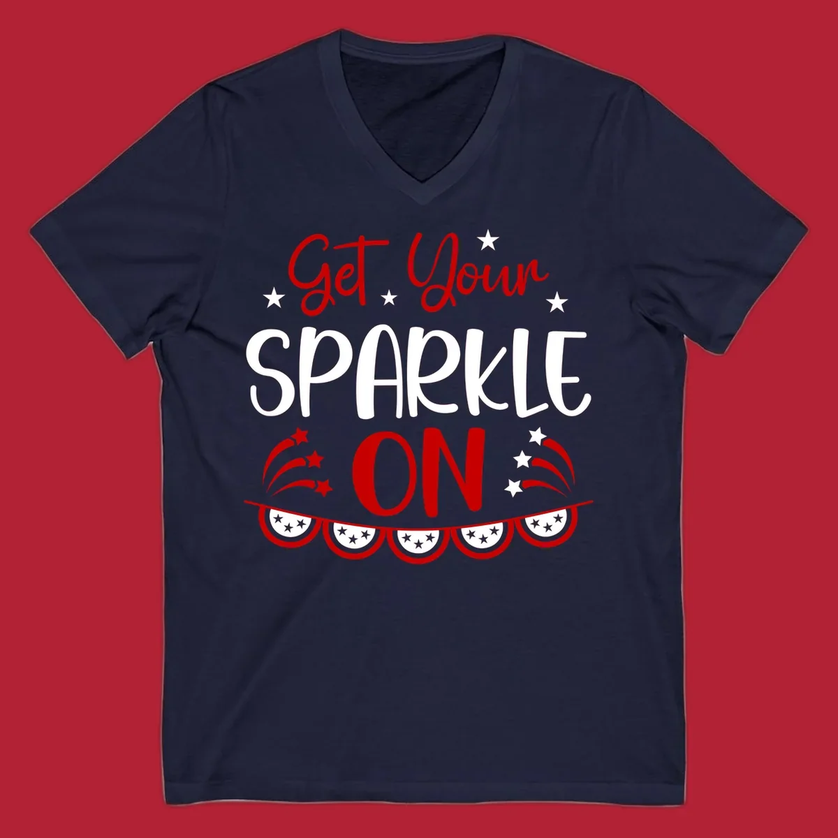 A patriotic design with the phrase 'Get Your SPARKLE ON' in red and blue, surrounded by white stars, fireworks, and bunting flags.
