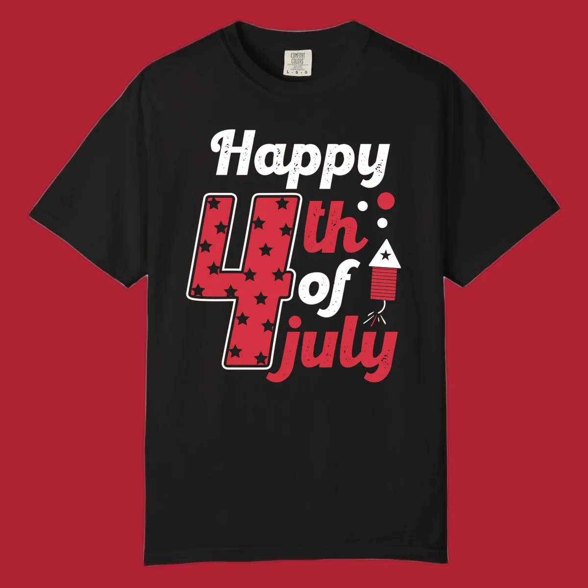 A Happy 4th of July firecracker design with the text 'Happy 4th Of July', a star-filled '4', and a firecracker graphic.