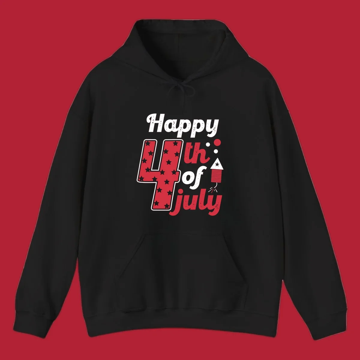 A Happy 4th of July firecracker design with the text 'Happy 4th Of July', a star-filled '4', and a firecracker graphic.