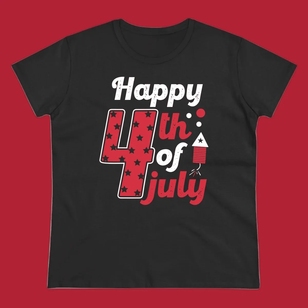A Happy 4th of July firecracker design with the text 'Happy 4th Of July', a star-filled '4', and a firecracker graphic.