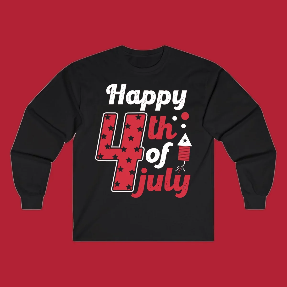 A Happy 4th of July firecracker design with the text 'Happy 4th Of July', a star-filled '4', and a firecracker graphic.