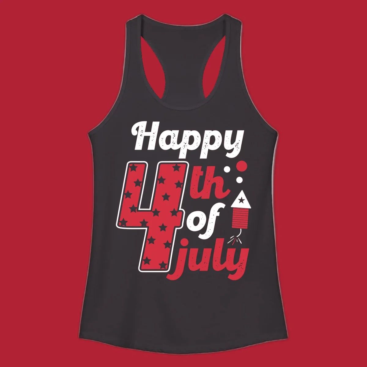 A Happy 4th of July firecracker design with the text 'Happy 4th Of July', a star-filled '4', and a firecracker graphic.