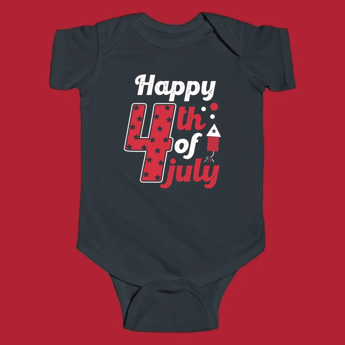 A Happy 4th of July firecracker design with the text 'Happy 4th Of July', a star-filled '4', and a firecracker graphic.