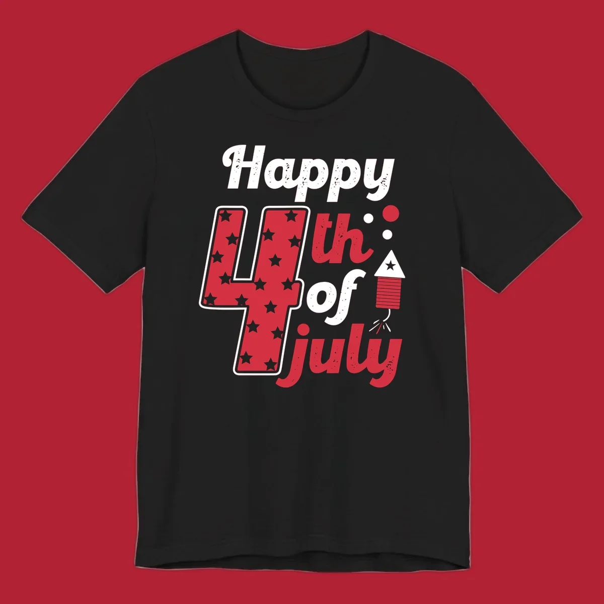 A Happy 4th of July firecracker design with the text 'Happy 4th Of July', a star-filled '4', and a firecracker graphic.
