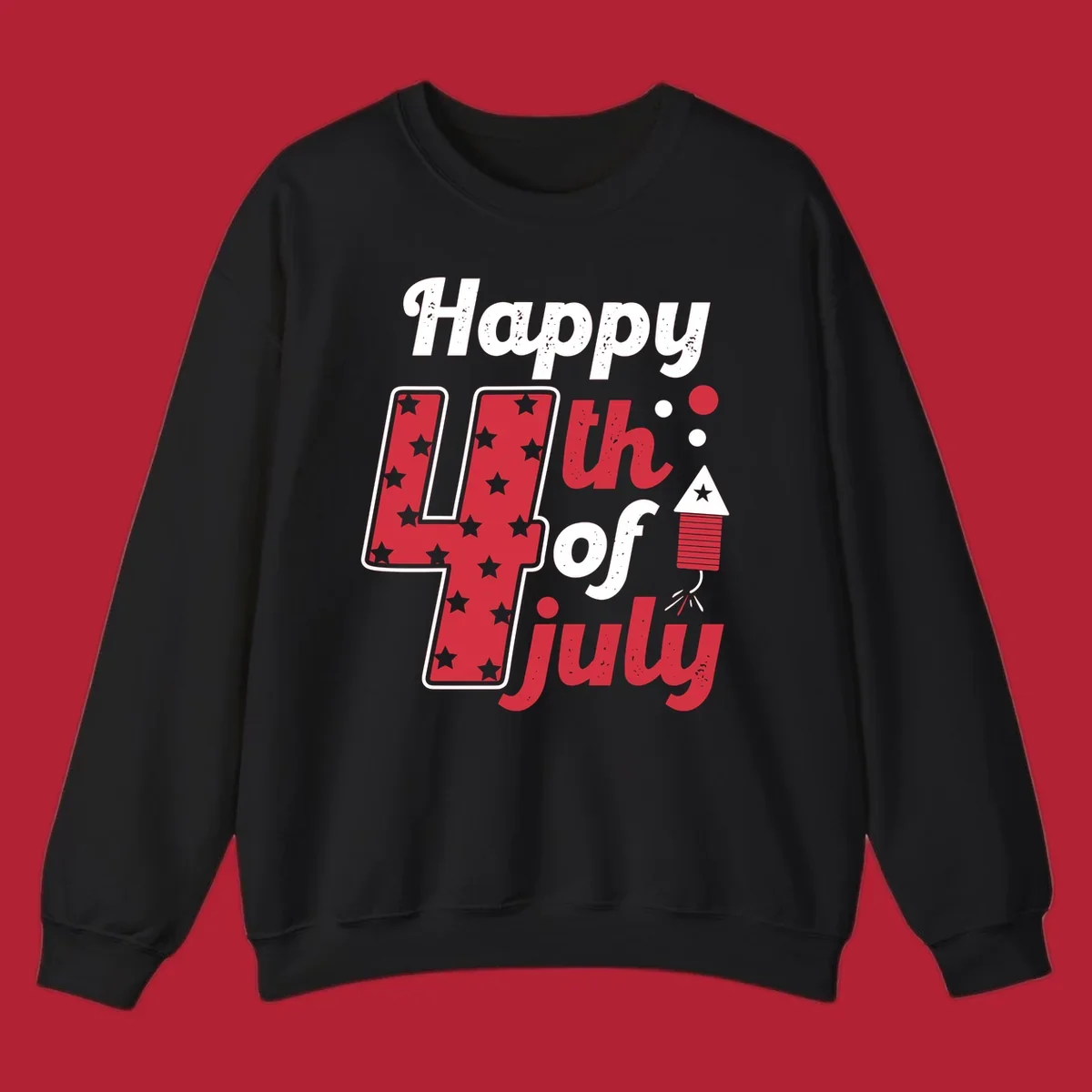 A Happy 4th of July firecracker design with the text 'Happy 4th Of July', a star-filled '4', and a firecracker graphic.