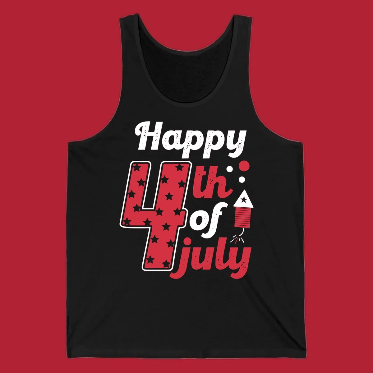 A Happy 4th of July firecracker design with the text 'Happy 4th Of July', a star-filled '4', and a firecracker graphic.