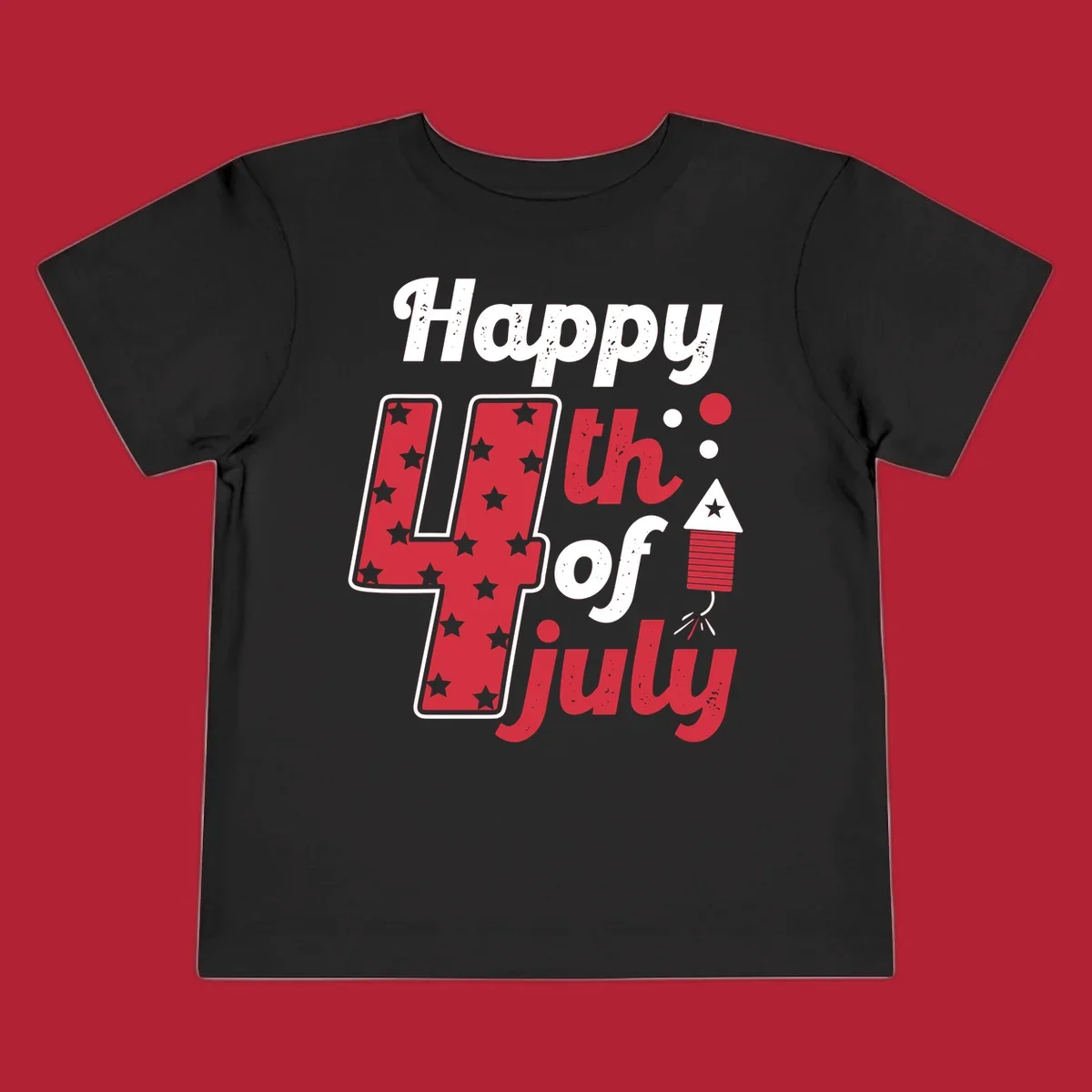 A Happy 4th of July firecracker design with the text 'Happy 4th Of July', a star-filled '4', and a firecracker graphic.