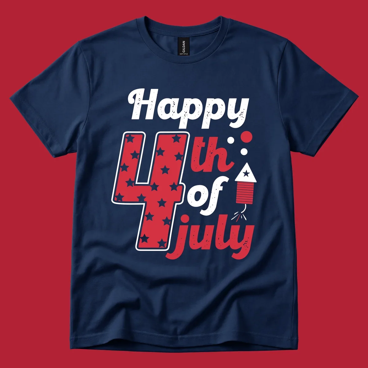 A Happy 4th of July firecracker design with the text 'Happy 4th Of July', a star-filled '4', and a firecracker graphic.