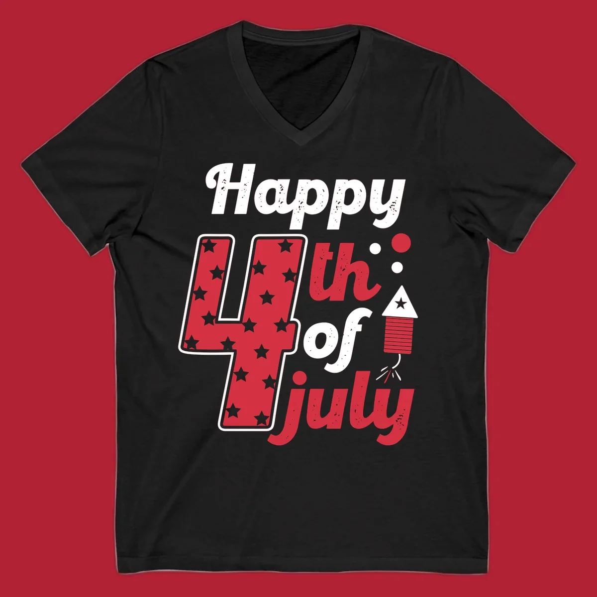A Happy 4th of July firecracker design with the text 'Happy 4th Of July', a star-filled '4', and a firecracker graphic.