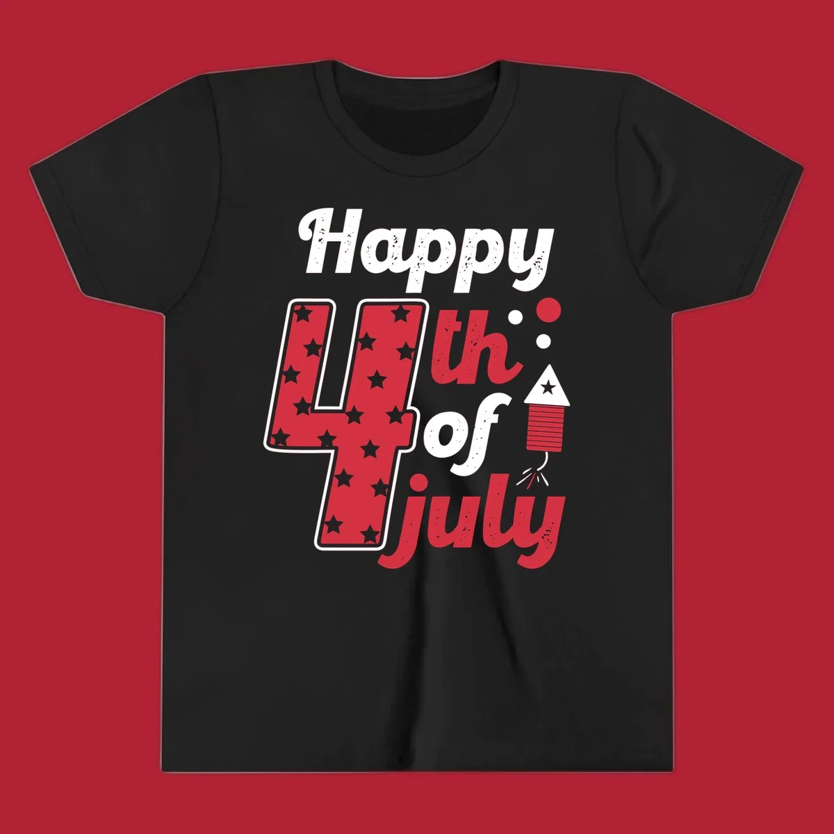 A Happy 4th of July firecracker design with the text 'Happy 4th Of July', a star-filled '4', and a firecracker graphic.
