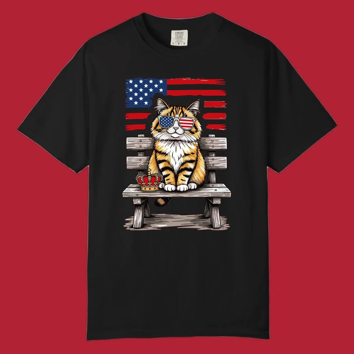 An illustrated patriotic cat wearing American flag sunglasses sits on a bench with a crown and flag in the background.