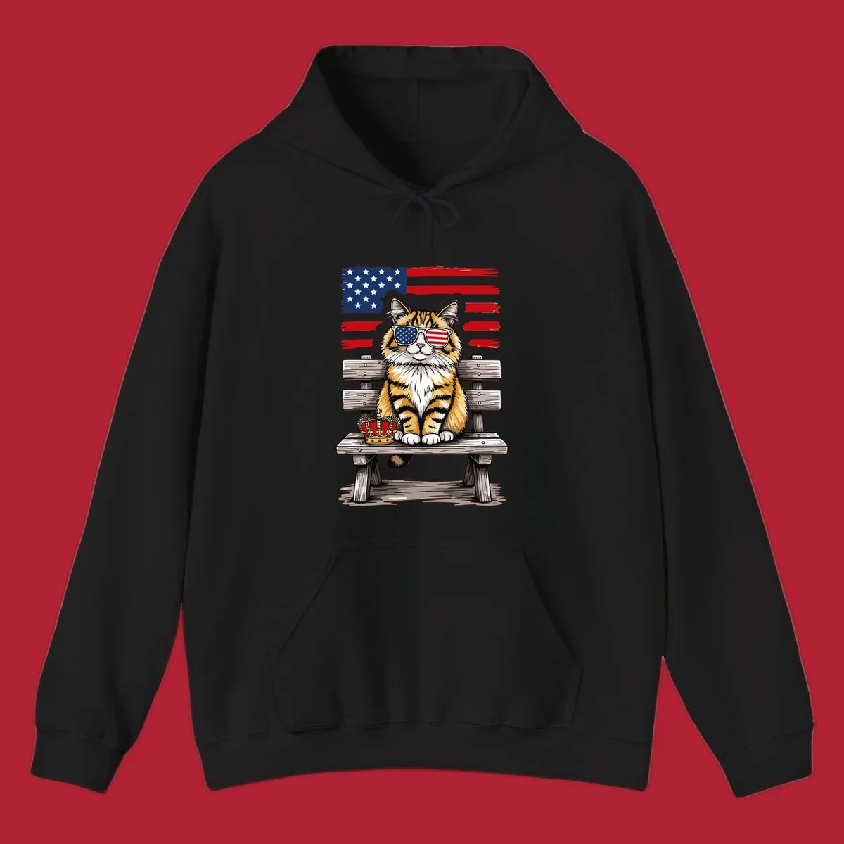 An illustrated patriotic cat wearing American flag sunglasses sits on a bench with a crown and flag in the background.