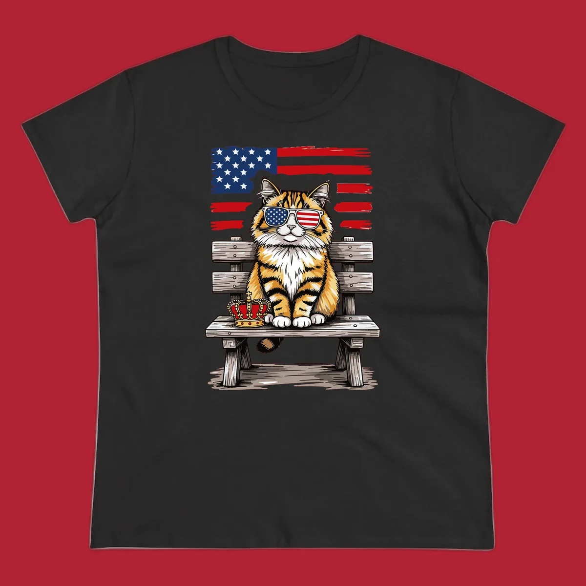 An illustrated patriotic cat wearing American flag sunglasses sits on a bench with a crown and flag in the background.