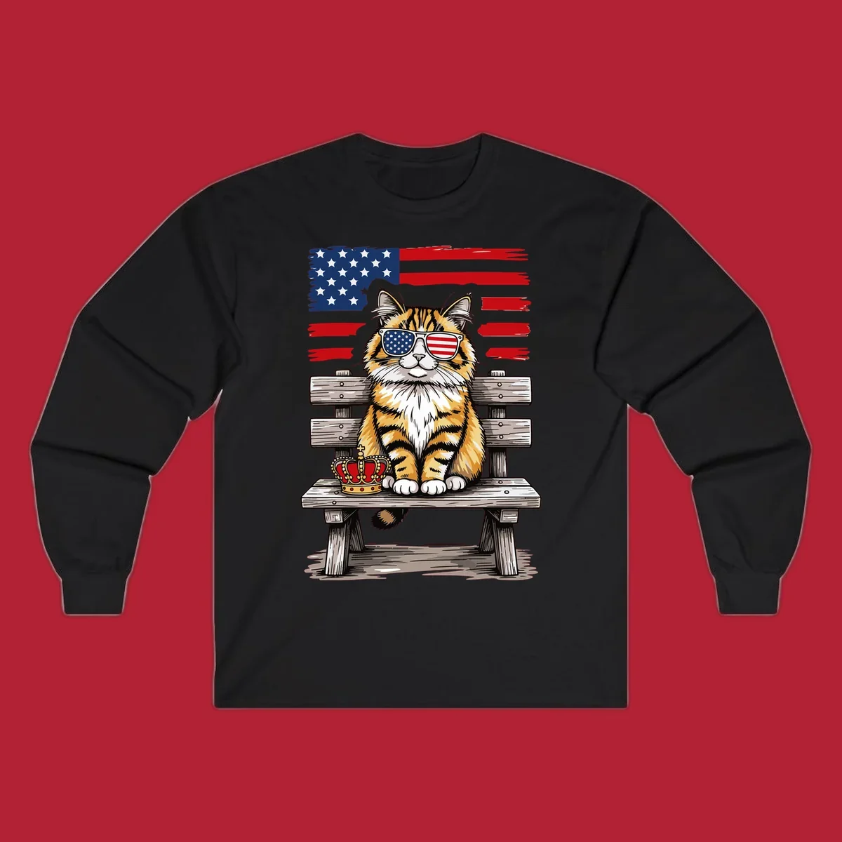 An illustrated patriotic cat wearing American flag sunglasses sits on a bench with a crown and flag in the background.