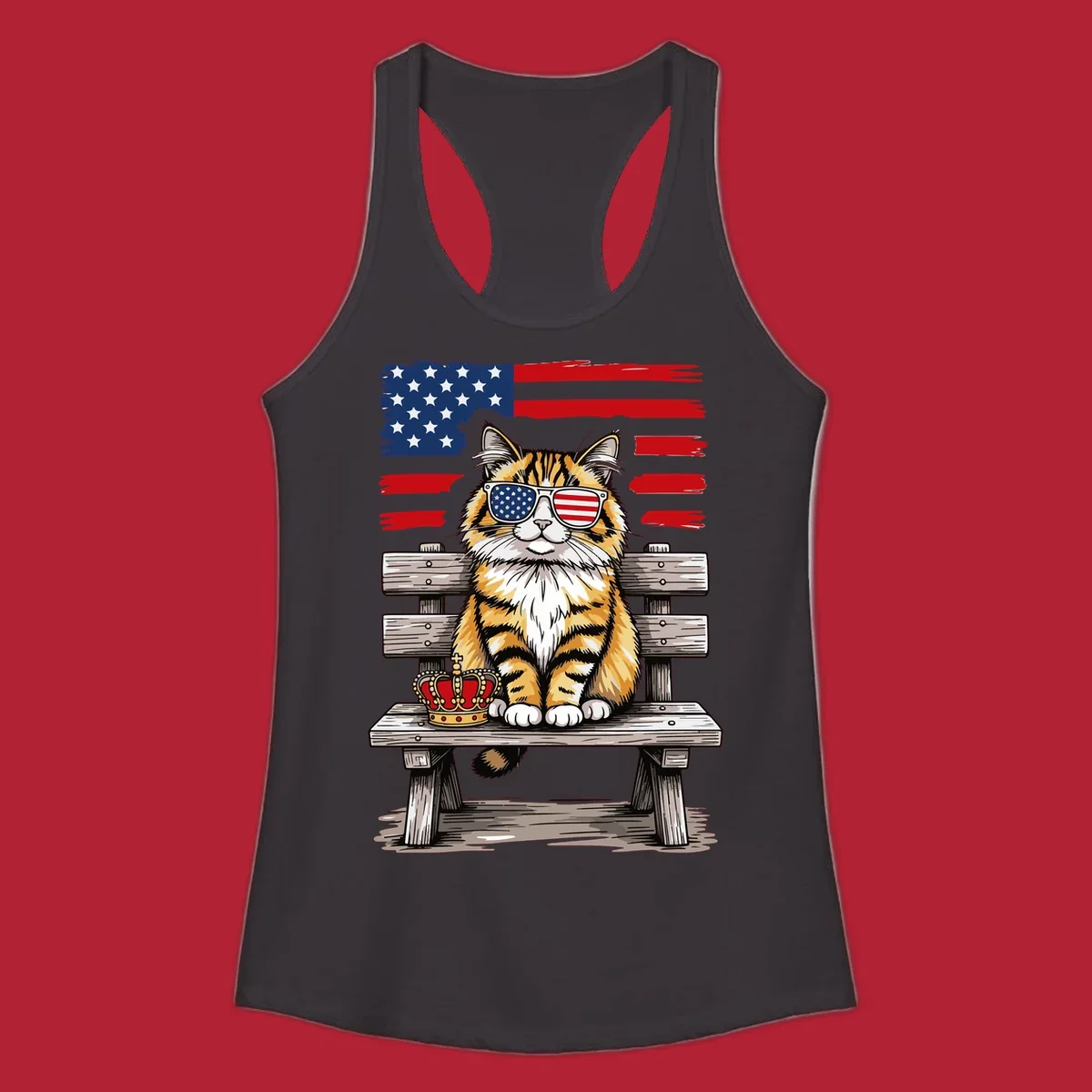 An illustrated patriotic cat wearing American flag sunglasses sits on a bench with a crown and flag in the background.